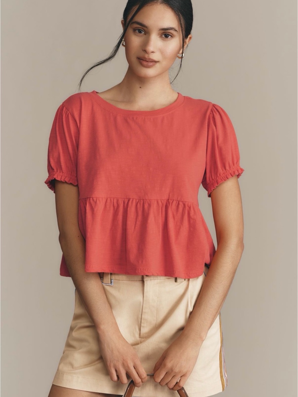 Anthropologie Coral Puff-Sleeve Peplum Crop Top